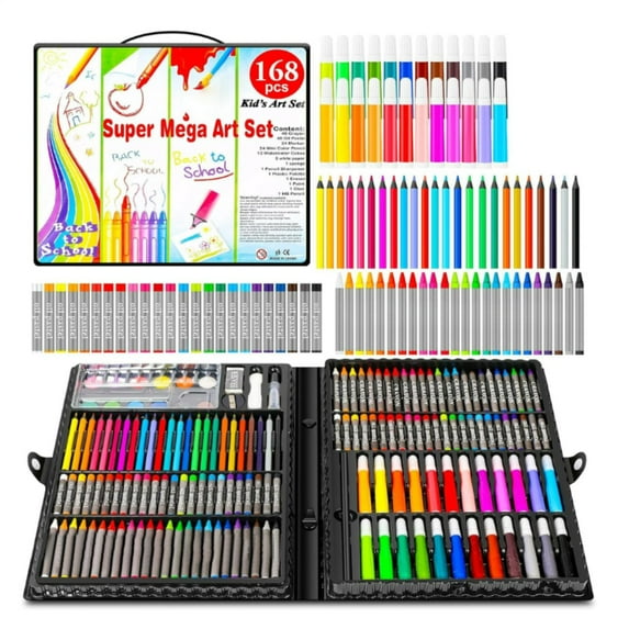 Arts and Crafts Supplies, 163-Pack Drawing Painting Set for Child Girls Boys Teens, Coloring Art Kit Gift: Crayons, Oil Pastels, Watercolors Cake, Colored Pencils Markers, Sketch Paper