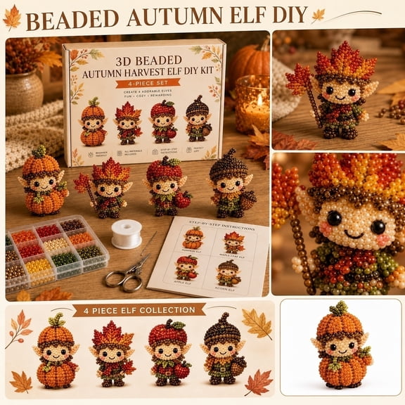 Arts & Crafts Supplies, Fall Decorations for Home, Beaded Bracelets Kit, Fall Crafts for Adults, 4-Piece 3D Beaded Harvest Elf Diy Making Kit That Works for Fall Table Decor, Fall