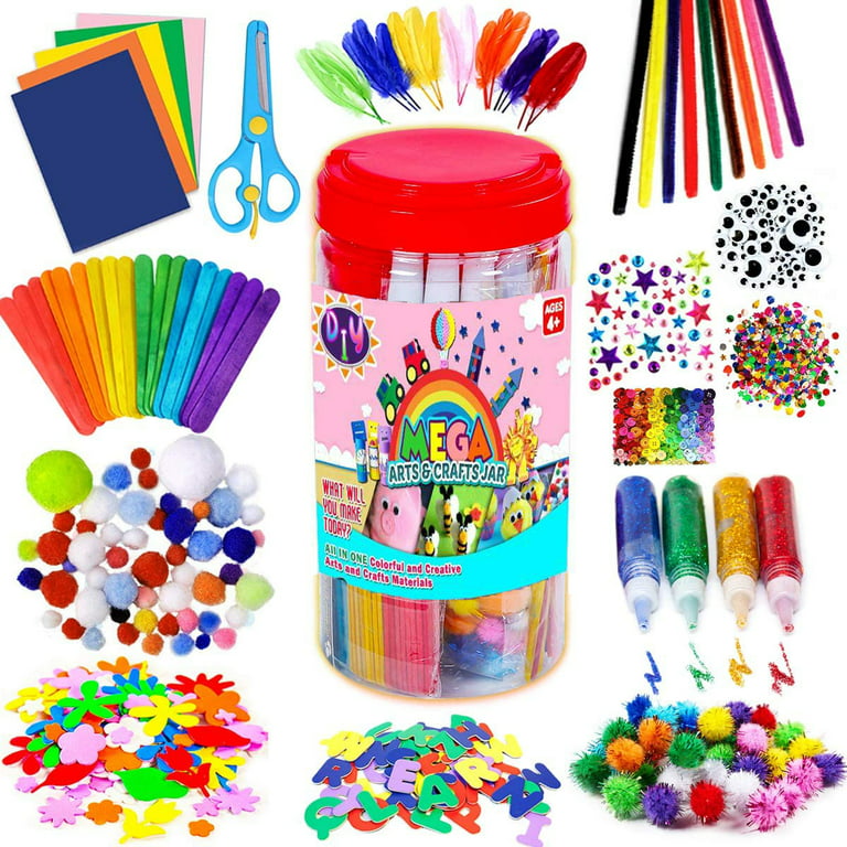 Arts and Crafts Supplies for Kids, Craft Art Supply Jar Kit for Student Age  4 5 6 7 8 9 10 Year Old Crafting Activity, Collage Arts Set for Toddlers  Preschool DIY Classroom Home Project 