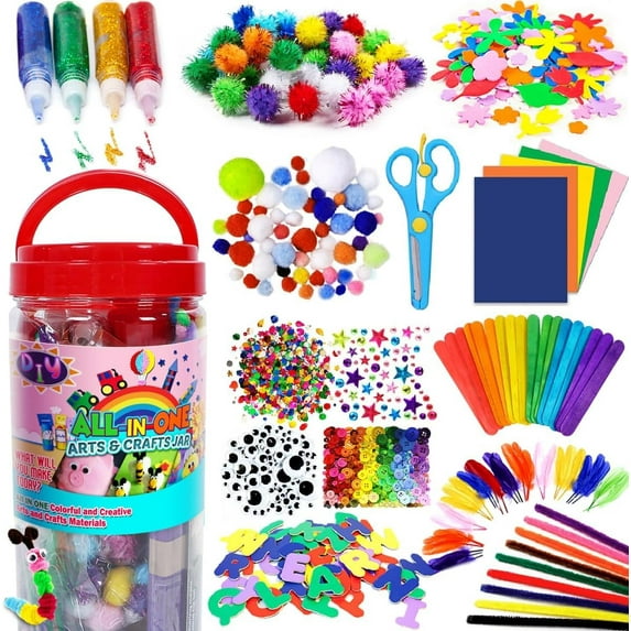 Arts and Crafts Supplies for Kids - Craft Kit with Glitter Glue Stick, Pipe Cleaners Pom Poms Craft & Craft Tools, DIY School Supplies Kit, Girls Toys, Birathday Gifts for Girls Boys Age 4+