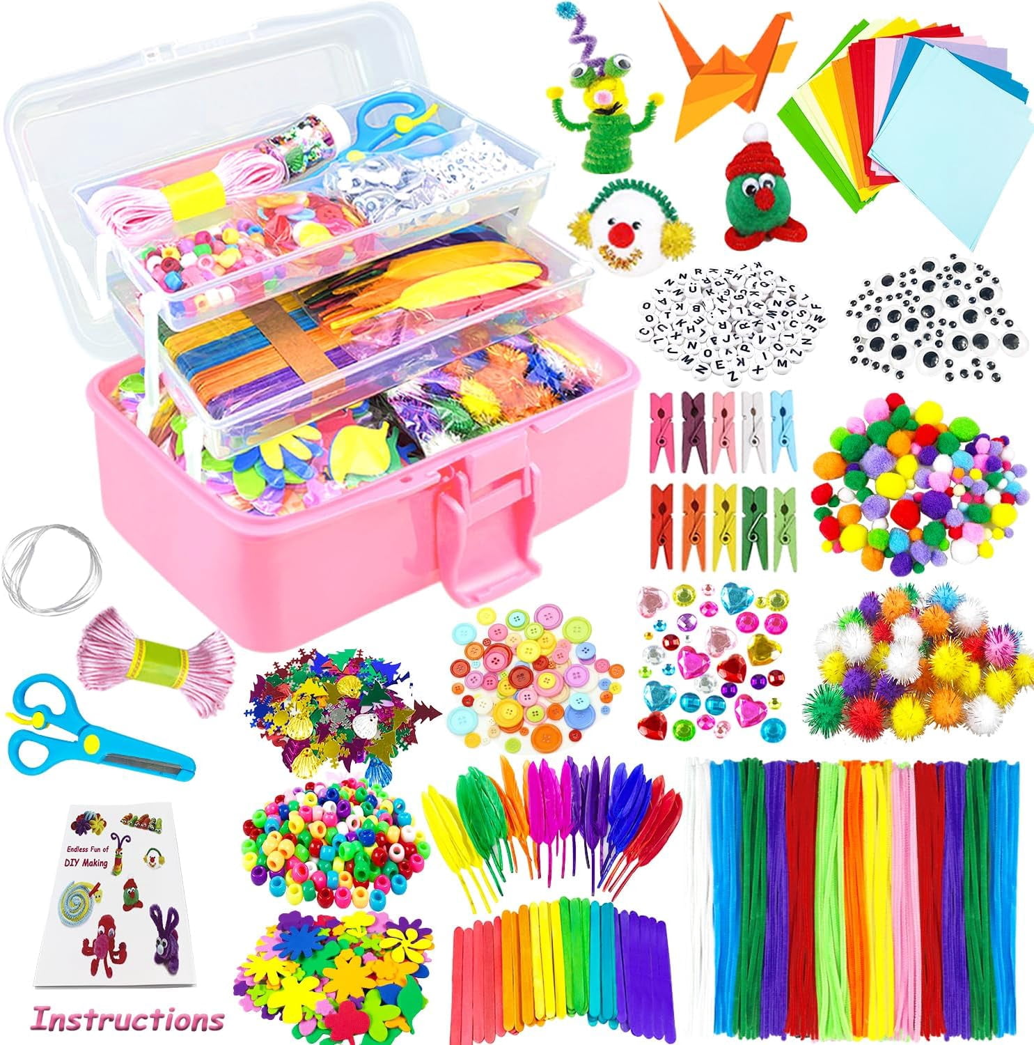 Arts and Crafts Supplies for Kids DIY Craft Kits Art Supplies Materials Kids Crafts Set with Pipe Cleaners Craft Box Preschool Homeschool Toys Gift for Boys and Girls Age 4 5 6 7 8
