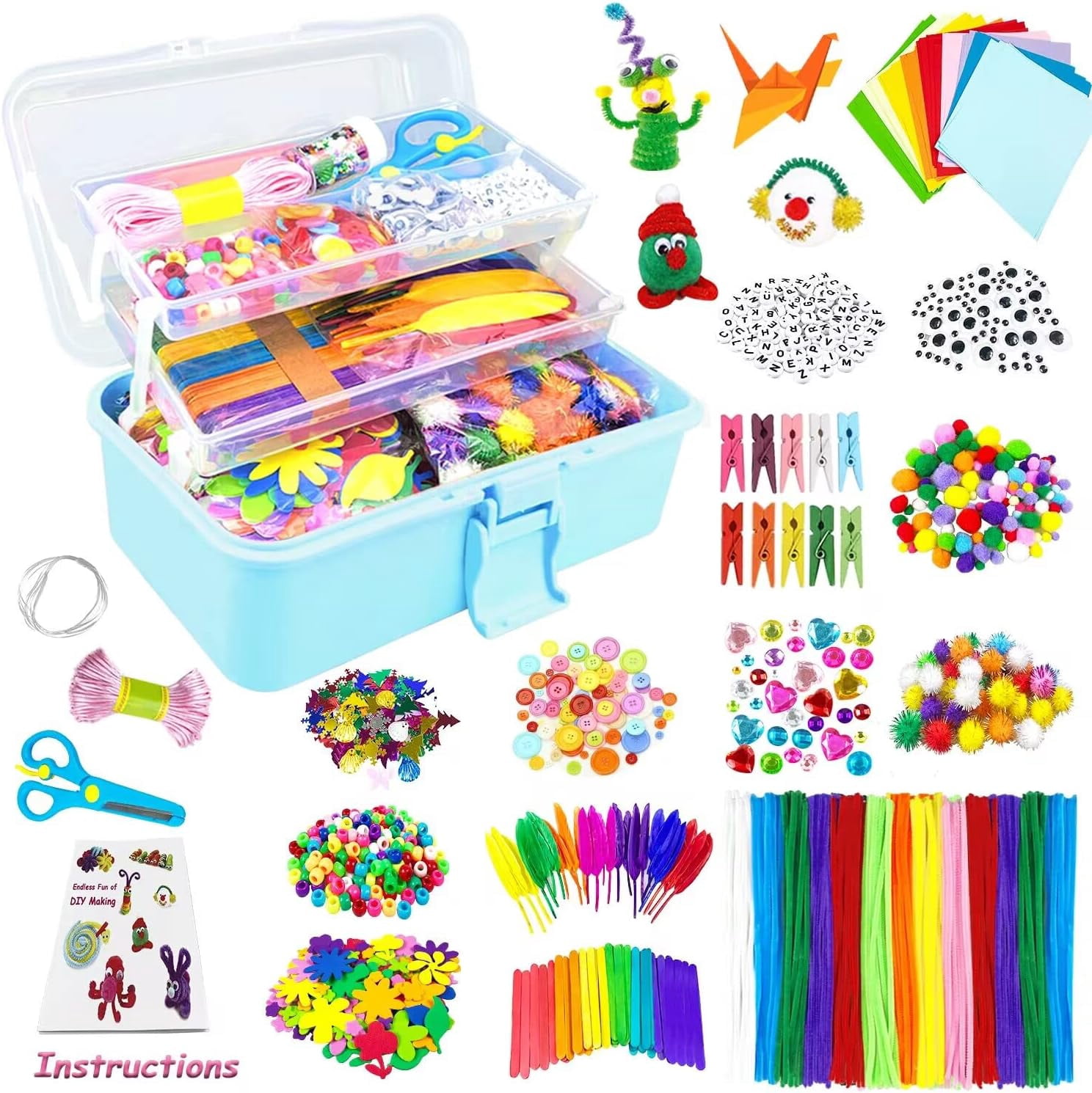 Arts and Crafts Supplies for Kids DIY Craft Kits Art Supplies Materials Kids Crafts Set with Pipe Cleaners Craft Box Preschool Homeschool Toys Gift for Boys and Girls Age 4 5 6 7 8