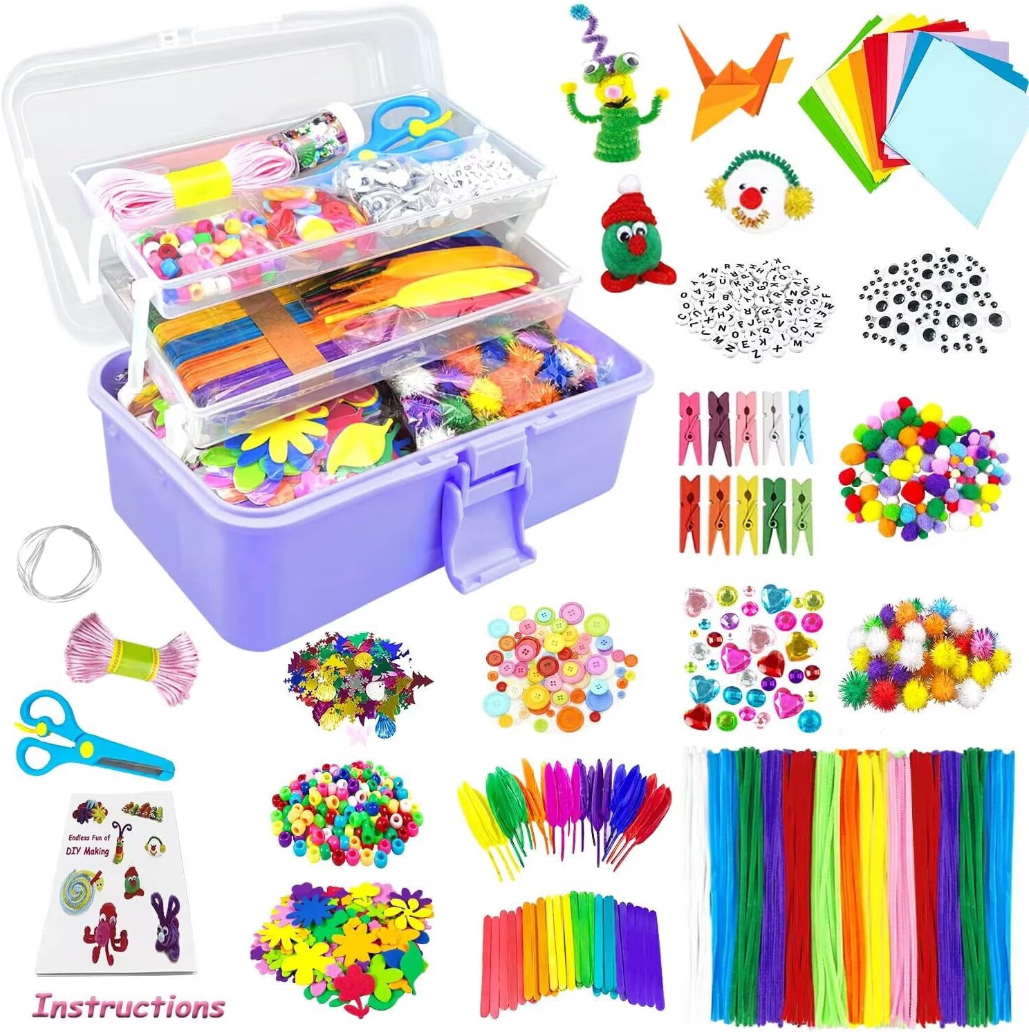 Arts and Crafts Supplies for Kids DIY Craft Kits Art Supplies Materials Kids Crafts Set with Pipe Cleaners Craft Box Preschool Homeschool Toys Gift for Boys and Girls Age 4 5 6 7 8