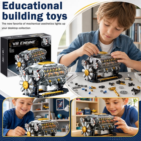 Arts and Crafts Supplies Motorized V8 Engine Model Building Kit 203 Piece Precision Construction for Student Boys Teens Adults Birthday Gift Set Hobby Puzzle Toys with