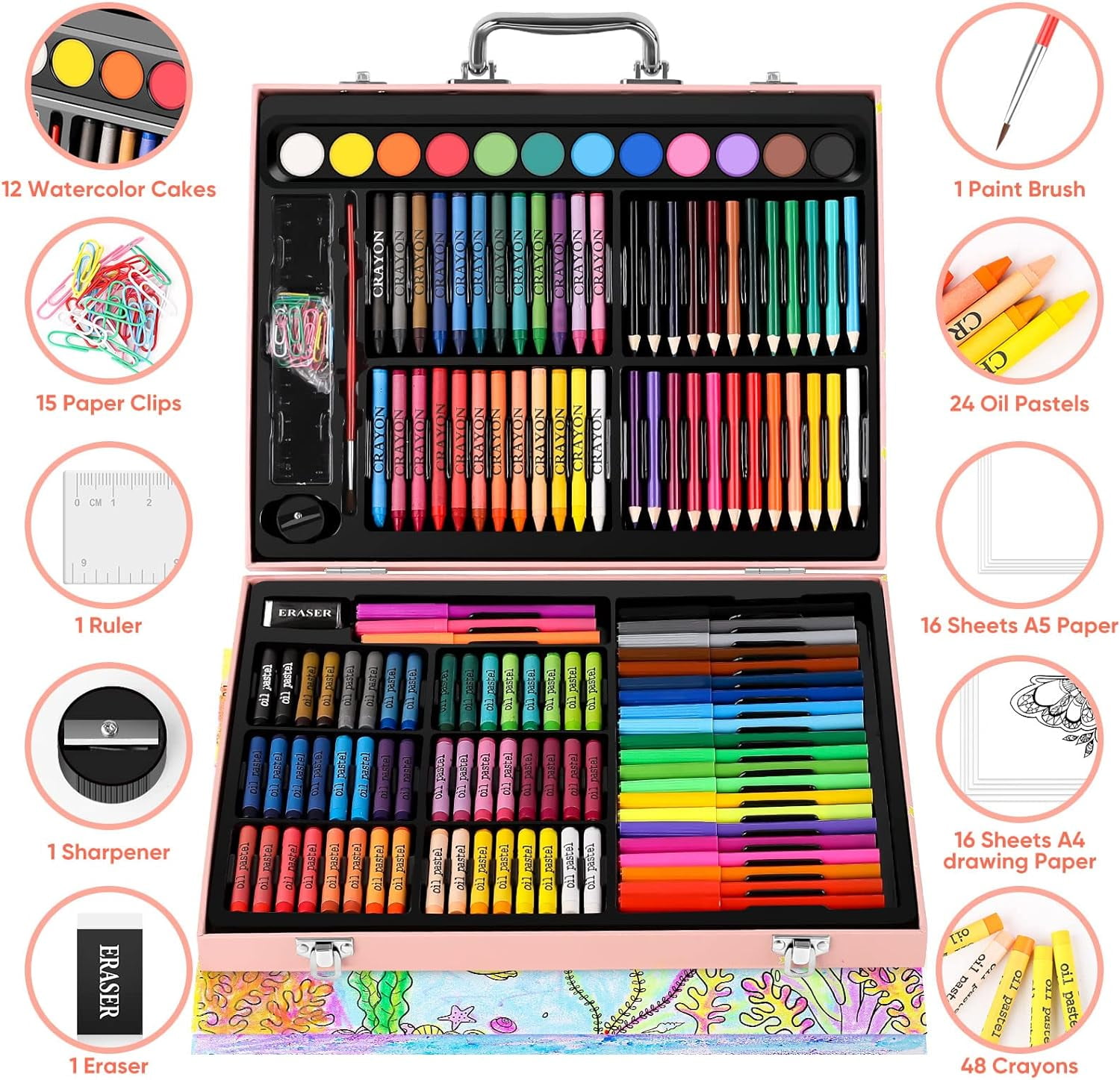 Arts and Crafts Supplies Soucolor, 183-Pack Drawing Painting Set for Kids  Girls Boys Teens, Coloring Art Kit Gift Case: Crayons, Oil Pastels,  Watercolors Cake, Colored Pencils Markers, Sketch Paper 