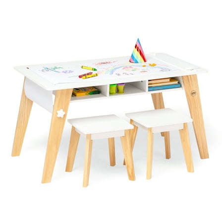 Wildkin Kids Arts & Crafts Table Set – Mid-Century Modern Design with 2 Stools, Storage Cubbies & Paper Roll - White
