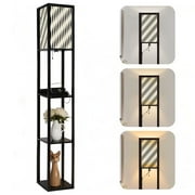 Arts Floor Lamp with Shelves Corner Bookshelf Lamp for Living Room Bedroom Office Decor, Retro geometric 70s black cream waves mid century LED Modern tall Lamp with 3 Color LED Bulb