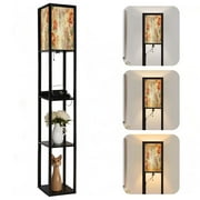 Arts Floor Lamp with Shelves Corner Bookshelf Lamp for Living Room Bedroom Office Decor, Pastel Rose Watercolor Art Rustic Wooden Panels LED Modern tall Lamp with 3 Color LED Bulb