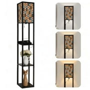 Arts Floor Lamp with Shelves Corner Bookshelf Lamp for Living Room Bedroom Office Decor, Round geometric grid seamless pattern design funky LED Modern tall Lamp with 3 Color LED Bulb