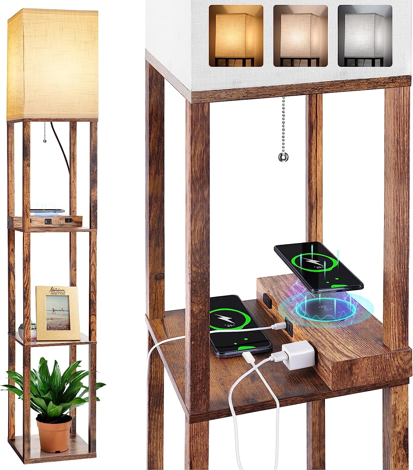 Arts Floor Lamp with Shelves, Shelf Lamp with Wireless Charger & USB A ...