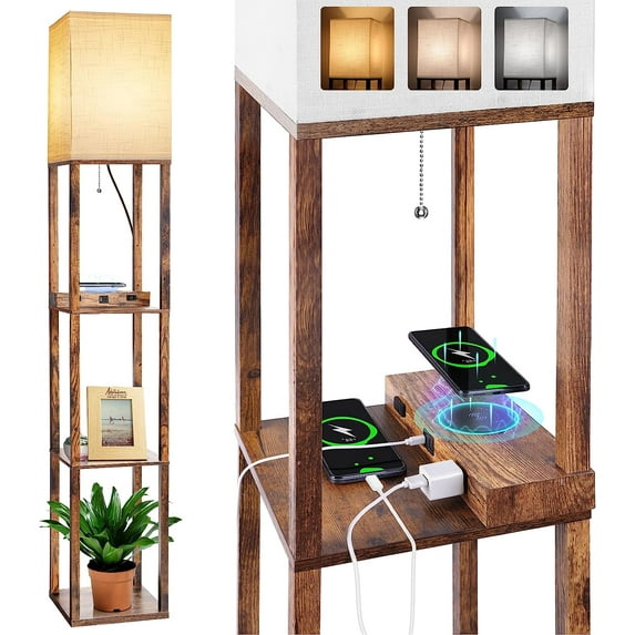 Arts Floor Lamp with Shelves, Shelf Lamp with Wireless Charger & USB A+C Ports & 2 AC Outlets,3 Color Temperature Corner Tall Standing Floor Lamps for Living Room, Bedroom, Office (Brown)