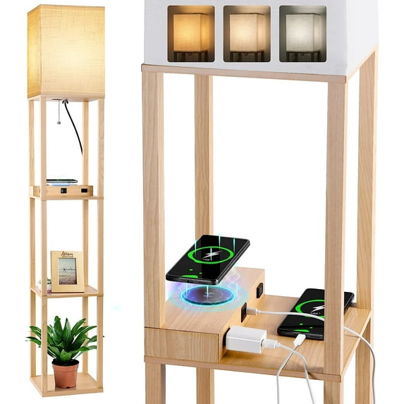 Arts Floor Lamp with Shelves, Shelf Lamp with Wireless Charger & USB A+C Ports & 2 AC Outlets,3 Color Temperature Corner Tall Standing Floor Lamps for Living Room, Bedroom, Office (Burlywood)