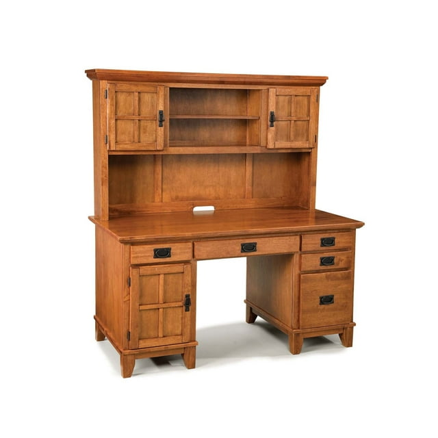Arts and Crafts Pedestal Desk and Hutch Cottage Oak Finish by Homestyles