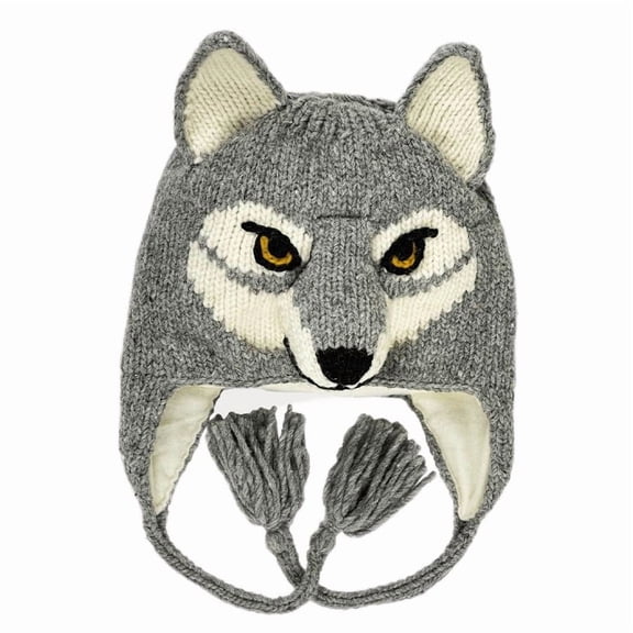 Arts of Ecuador Adult Size Gray Wolf Hat, 20 Inch in Circumference and Stretch to 23 Inch, Wool with Acrylic Lining