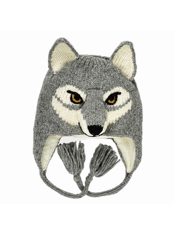 Adult Size Gray Wolf Hat, 20 Inch in Circumference and Stretch to 23 Inch, Wool with Acrylic Lining