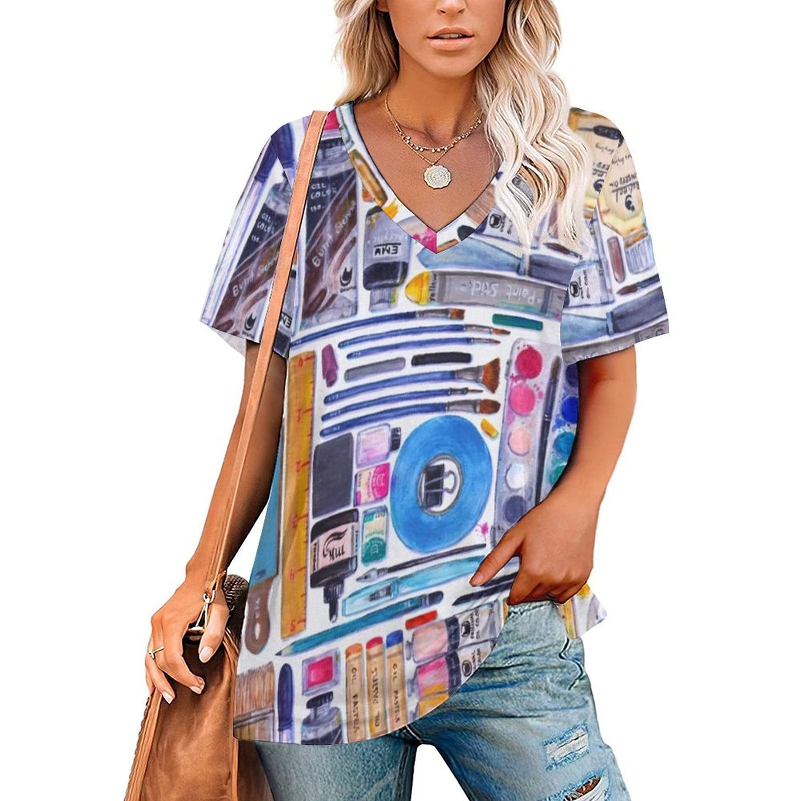 Artsenal 2398 Women Print T Shirt Casual Off Shoulder Loose Pullover ...