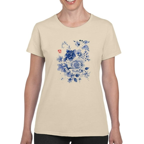 Artshine Blue Florals On Paper T-Shirt Women -Gabby Malpas Designs, Female XX-Large