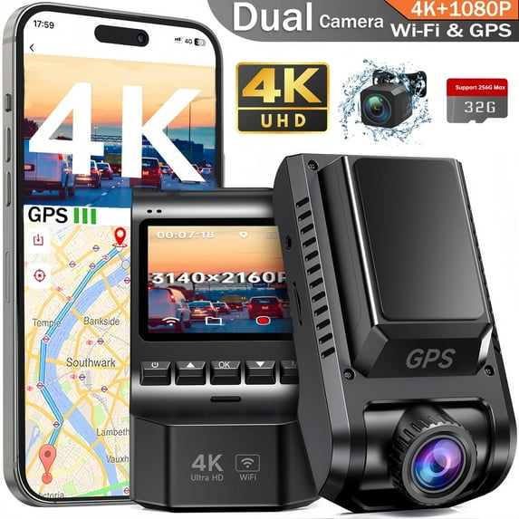 Dash Cam, Artsic 4K Dash Cam Front and Rear with Wi-Fi & GPS, APP Control, Dual Dash Camera for Cars with WDR, 32GB Card, Support 256GB Max, Black