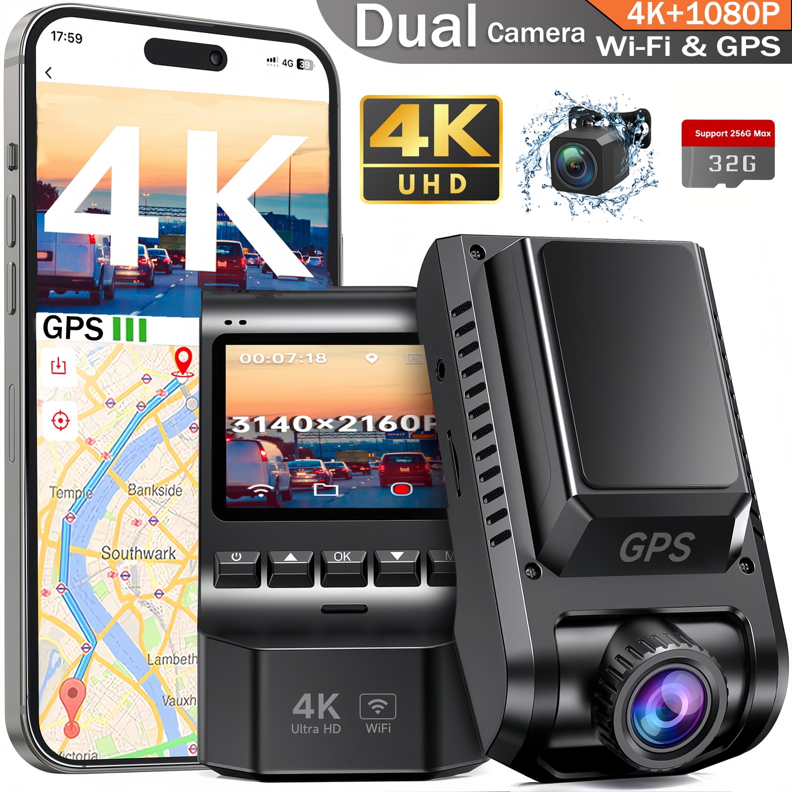 Dash Cam, Artsic 4K Dash Cam Front and Rear with Wi-Fi & GPS, APP Control, Dual Dash Camera for Cars with WDR Night Vision, G-Sensor, 24H Parking Mode, 32GB Card, Support 256GB Max, Black