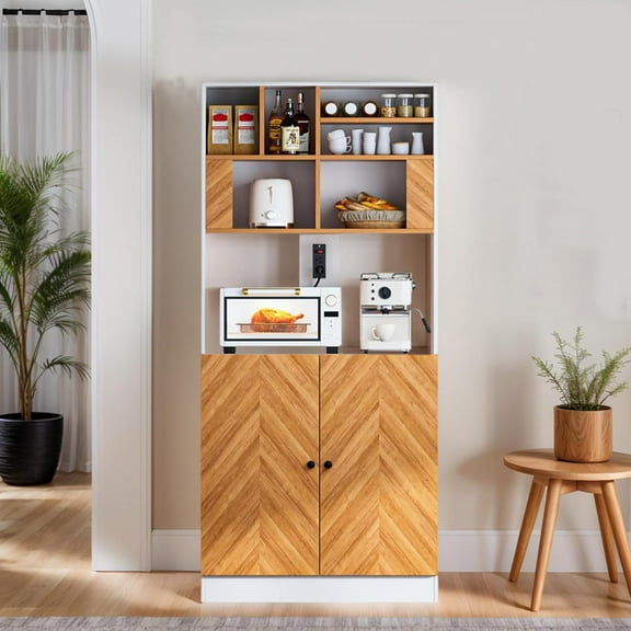 Artswish Bakers Rack Microwave Stand Cabinet with Power Outlets, 69" Tall Farmhouse Freestanding Hutch with Microwave Oven Countertop, Kitchen Pantry Cabinet, Coffee Bar Cabinet, White + Walnut