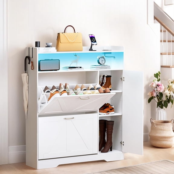 Artswish Large Shoe Cabinet with Power Outlets & Light, Slim Shoe Cabinets with 2 Flip Drawers & Side Cabinet & Open Storage, Shoe Rack Cabinet Storage for Entryway, Hallway, Living Room, White