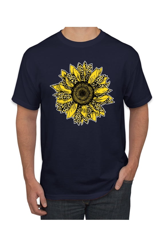 Artsy Cheetah Leopard Print Sunflower Fashion Men's Graphic T-Shirt, Navy, Medium
