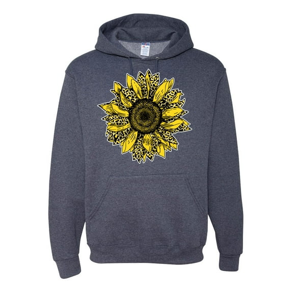 Artsy Cheetah Leopard Print Sunflower Fashion Unisex Graphic Hoodie Sweatshirt, Vintage Heather Navy, Large