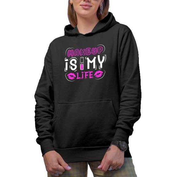 Artsy Makeup Is My Life with Lips & Lipstick, Beauty Themed Merch Gift for Makeup Artist or Lovers, Cosmetologists & Beauticians, Black Hooded Sweatshirt or Hoodie, Medium