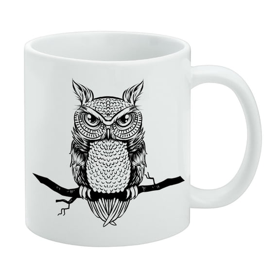 Artsy Owl Perched on Tree Branch White Mug