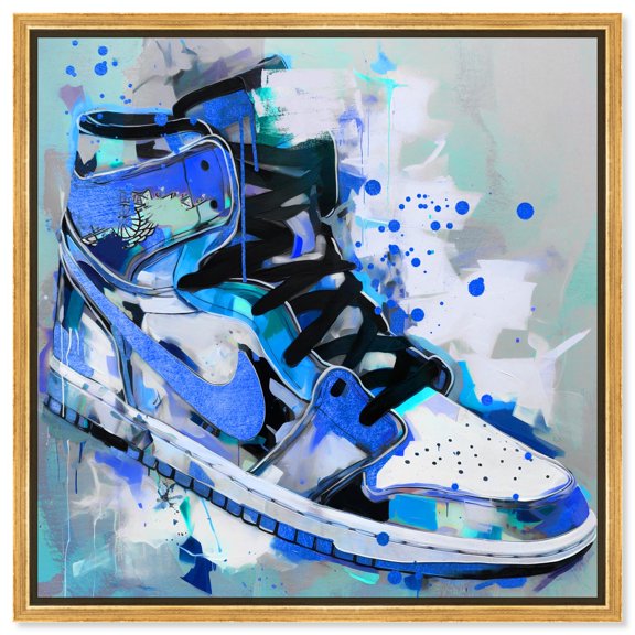Artsy Sneaker Blues Canvas Girl Sneaker Prints by Art Remedy, Gold Frame, 16" x 16"