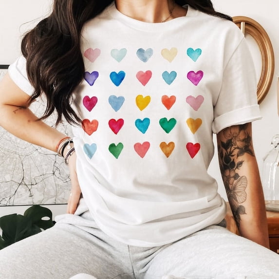 Artsy Watercolor Hearts Unisex Tshirt for Women, gift for her, Mom