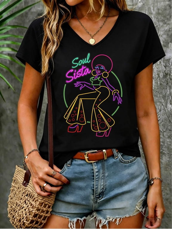 Artsy Womens Funk 70s Costume Afro Soul Music Comfort Colors Adult Heavyweight V Neck T-Shirt Cotton Women's V Neck Graphic Tee, Casual Short Sleeve Shirt,Vacation Outfit