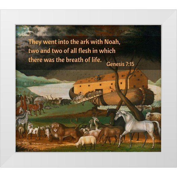 ArtsyQuotes 13x12 White Modern Wood Framed Museum Art Print Titled - Bible Verse Quote Genesis 7:15, Edward Hicks - Noahs Ark
