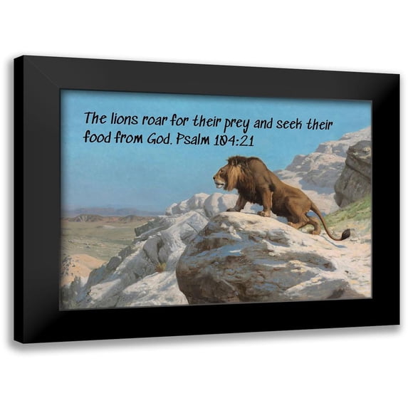 ArtsyQuotes 14x11 Black Modern Framed Museum Art Print Titled - Bible Verse Quote Psalm 104:21, Jean Leon Gerome - Lion on the Watch