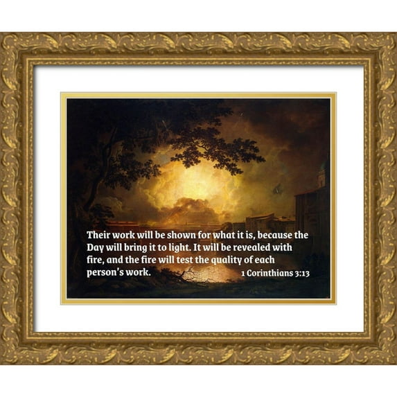 ArtsyQuotes 14x12 Gold Ornate Wood Framed with Double Matting Museum Art Print Titled - Bible Verse Quote 1 Corinthians 3:13, Joseph Wright - Firework Display at the Castel Sant Angelo