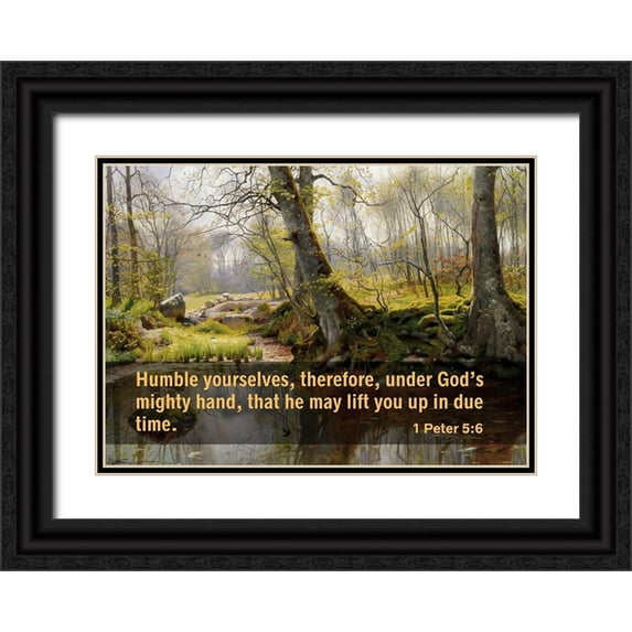 ArtsyQuotes 18x14 Black Ornate Wood Framed with Double Matting Museum Art Print Titled - Bible Verse Quote 1 Peter 5:6, Peder Mork Monsted - A Tranquil Pond