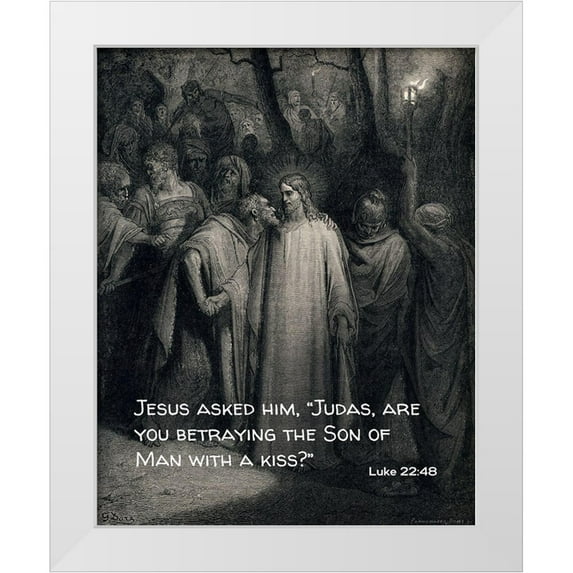 ArtsyQuotes 20x24 White Modern Wood Framed Museum Art Print Titled - Bible Verse Quote Luke 22:48, Gustave Dore - The Judas Kiss