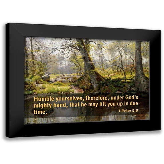 ArtsyQuotes 24x18 Black Modern Framed Museum Art Print Titled - Bible Verse Quote 1 Peter 5:6, Peder Mork Monsted - A Tranquil Pond