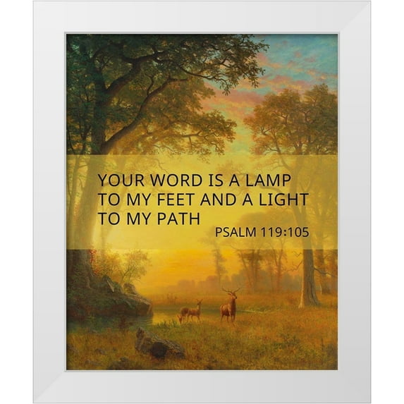 ArtsyQuotes 26x31 White Modern Wood Framed Museum Art Print Titled - Bible Verse Quote Psalm 119:105, Albert Bierstadt, Light in the Forest