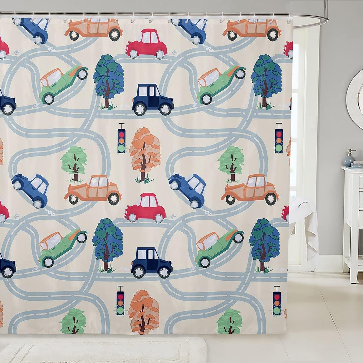 Artteal Colorful Cars Shower Curtain Traffic Lights Bathroom Shower