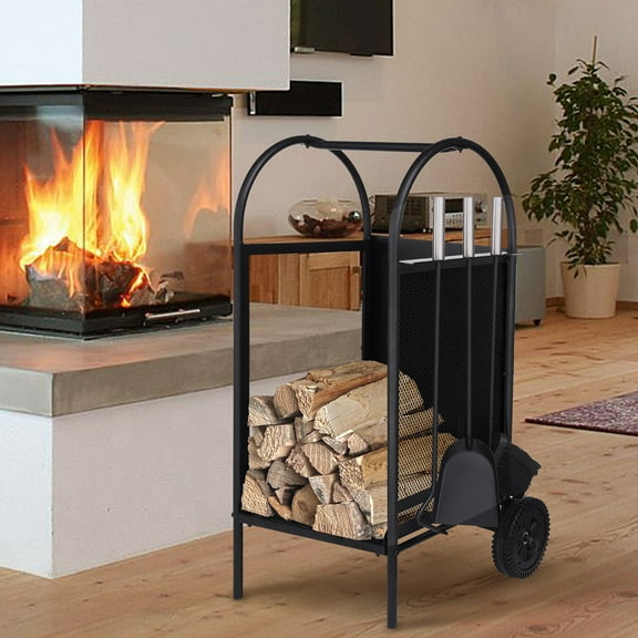 ATR ART to REAL 14"L x 14"W x 31.5"H Indoor Outdoor Firewood Rack Log Cart with Fireplace Tools, Black