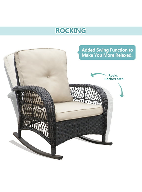 Arttoreal Outdoor Wicker Rocking Chair, Porch Rattan Rocker Chair with Soft Cushions, Khaki