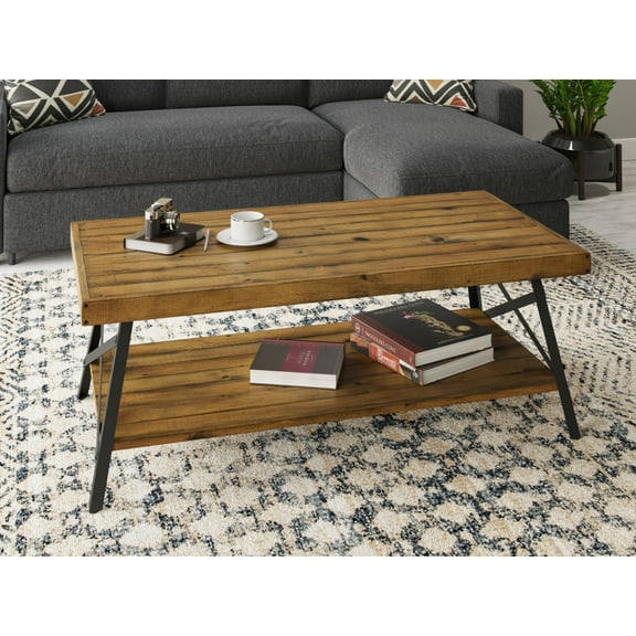 Artum Hill Hudson Pine Brown 48" Rectangle Coffee Table with Shelf and X-Base Metal Legs