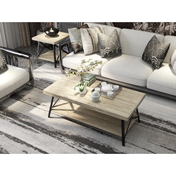 Artum Hill Hudson Rectangle Whitewash 48" Coffee Table with Storage Shelf and Metal Frame