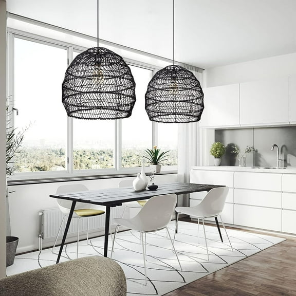 Arturesthome 1 Light Rattan Woven Pendant Fixture Shades Ceiling Light,Handmade Hanging Lamp for Cafe Bar Restaurant Black