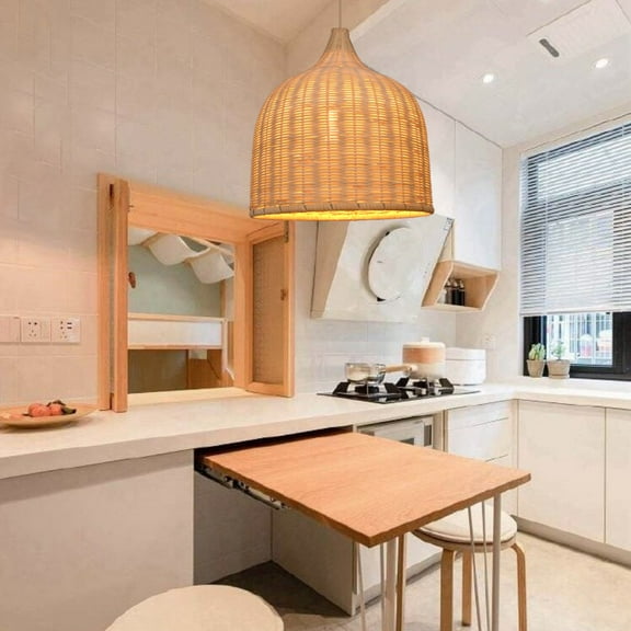 Arturesthome 1-Lights Natural Rattan Pendant Lights Handmade Bell Lampshade Decor for Kitchen Island E26/27