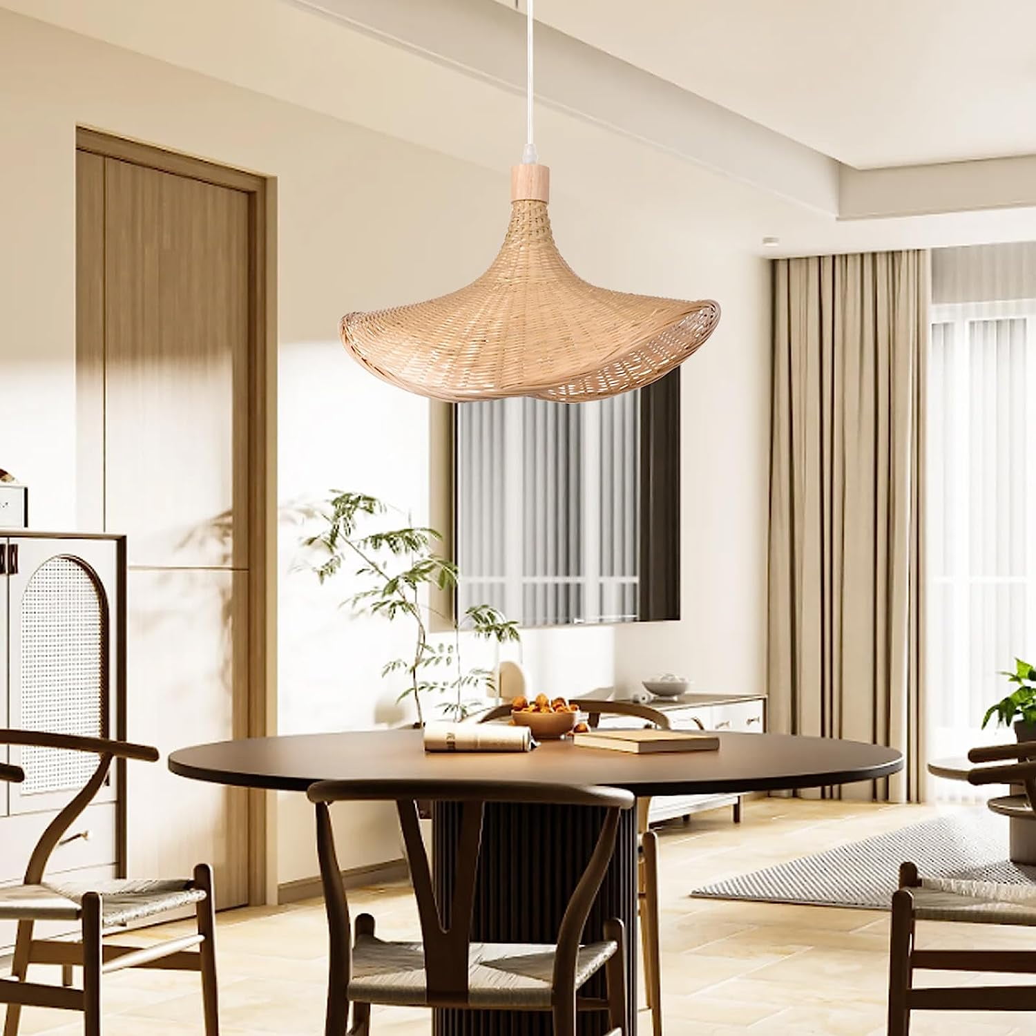 Arturesthome Bamboo Basket Chandelier Wicker Pendant Lighting Fixture, Vintage Hand-Woven Straw Hat Lampshade Hanging Ceiling Light for Restaurant