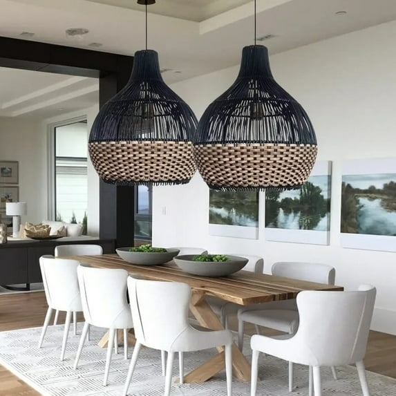 Arturesthome Black Rattan Wicker Chandelier For Kitchen Island Dining Room Living Room Woven Pendant Light Fixture