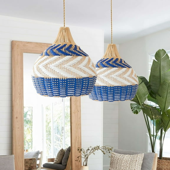 Arturesthome Boho Julia Woven Pendant Light Handmade Rattan Blue Lampshade