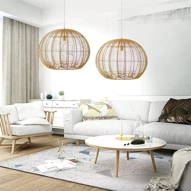 Arturesthome Boho Round Rattan Pendant Light Wicker Lampshade Light Fixture Hand Woven Bamboo Pendant Light Vintage